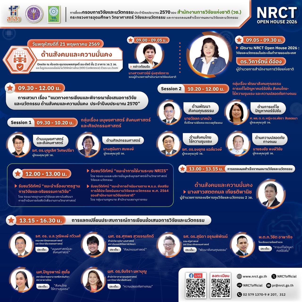 ขอเชิญเข้าร่วมรับฟังการชี้แจงกรอบการวิจัยและนวัตกรรม ของสำนักงานการวิจัยแห่งชาติ (วช.) ประจําปีงบประมาณ 2570 (NRCT Open House 2026) ด้านสังคมและความมั่นคง