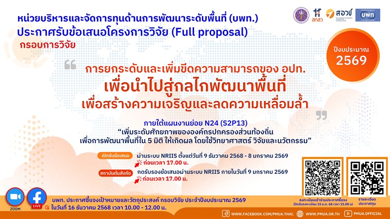 ประกาศรับข้อเสนอโครงการวิจัยฉบับสมบูรณ์ (Full proposal) ของกรอบการวิจัย “การยกระดับและเพิ่มขีดความสามารถขององค์กรปกครองส่วนท้องถิ่นเพื่อนำไปสู่กลไกพัฒนาพื้นที่เพื่อสร้างความเจริญและลดความเหลื่อมล้ำ